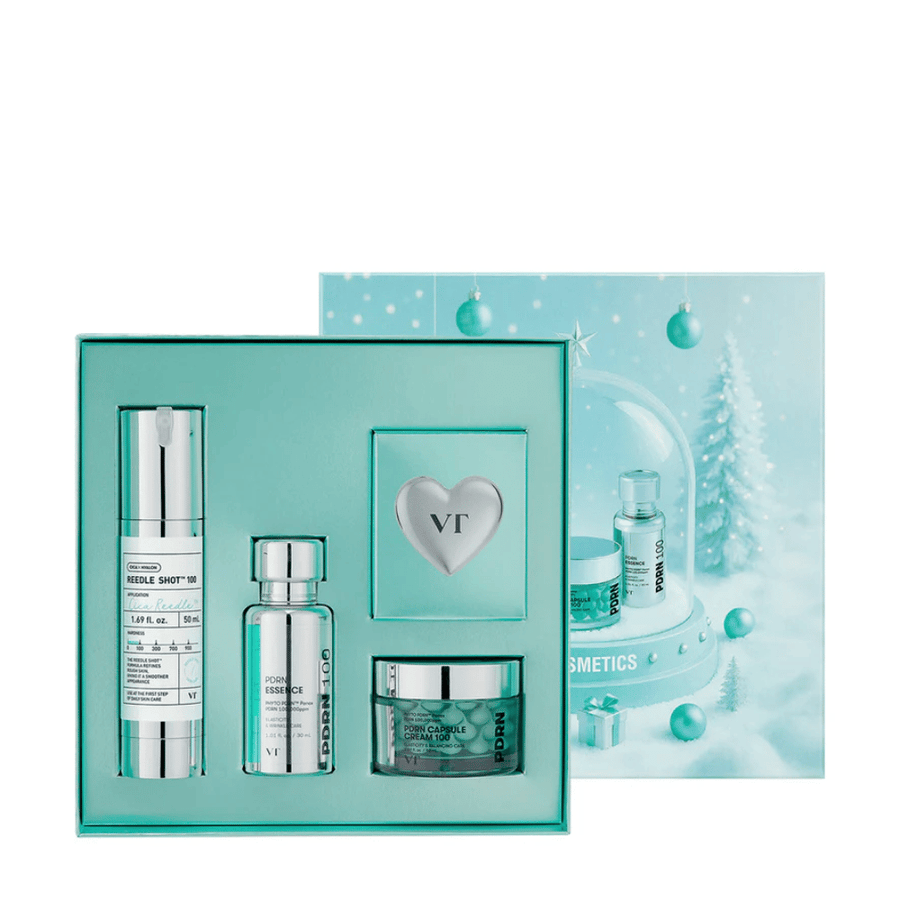 VT Cosmetics Shining Holiday Set – elegant gaveeske med Reedle Shot 100, PDRN Essence, PDRN Capsule Cream og nøkkelring.