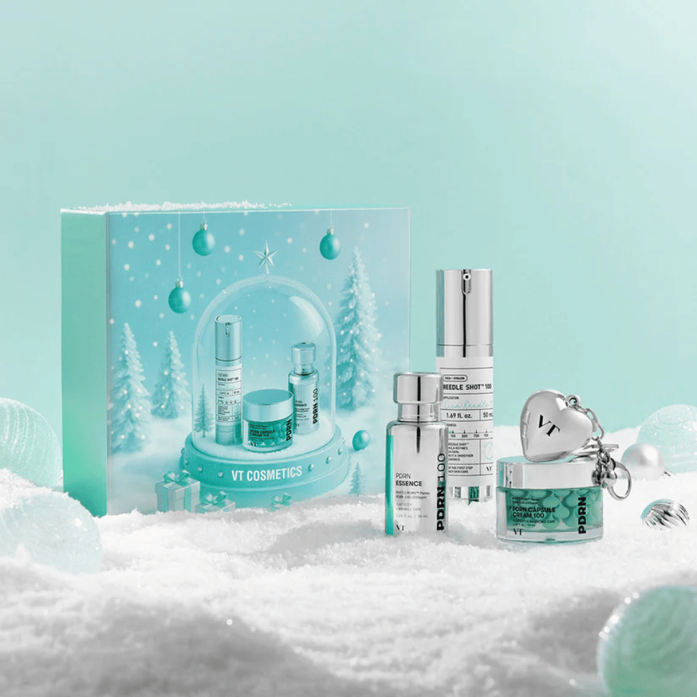 Gavepakning fra VT Cosmetics med PDRN-seriens produkter i julete snøkule-design – perfekt som gave.