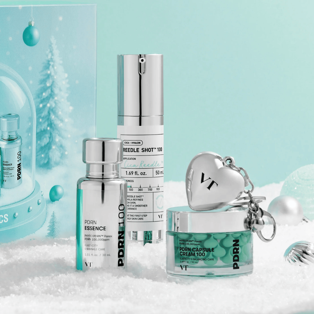 VT Cosmetics Shining Holiday Set – luksuriøs Hudpleiesett med PDRN Essence, Reedle Shot 100 og PDRN Capsule Cream i vinterinspirert design.