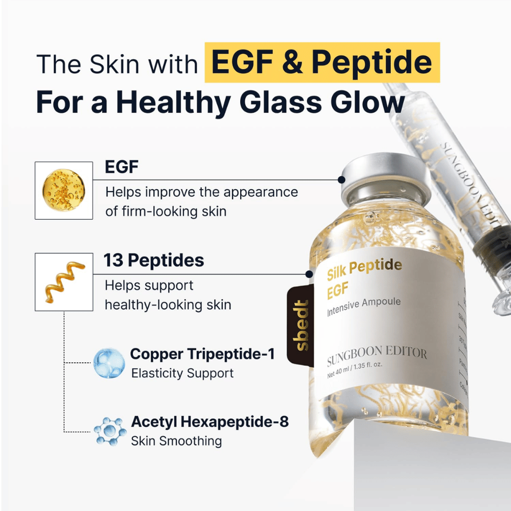 Silk Peptide EGF Intensive Ampoule inneholder EGF, 13 peptider samt kobbertripeptid-1 og acetylhexapeptid-8 som sammen bidrar til å støtte hudens elastisitet, forbedre hudens utseende og gi en naturlig glød.