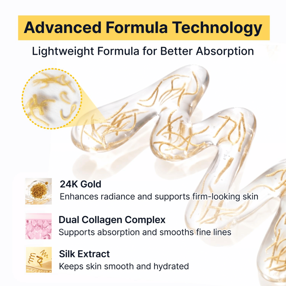 Silk Peptide EGF Intensive Ampoule kombinerer 24K gull, silkeekstrakt og et dobbelt kollagenkompleks for å gi huden glød, fuktighet og en fastere følelse samtidig som den lette formelen absorberes raskt.