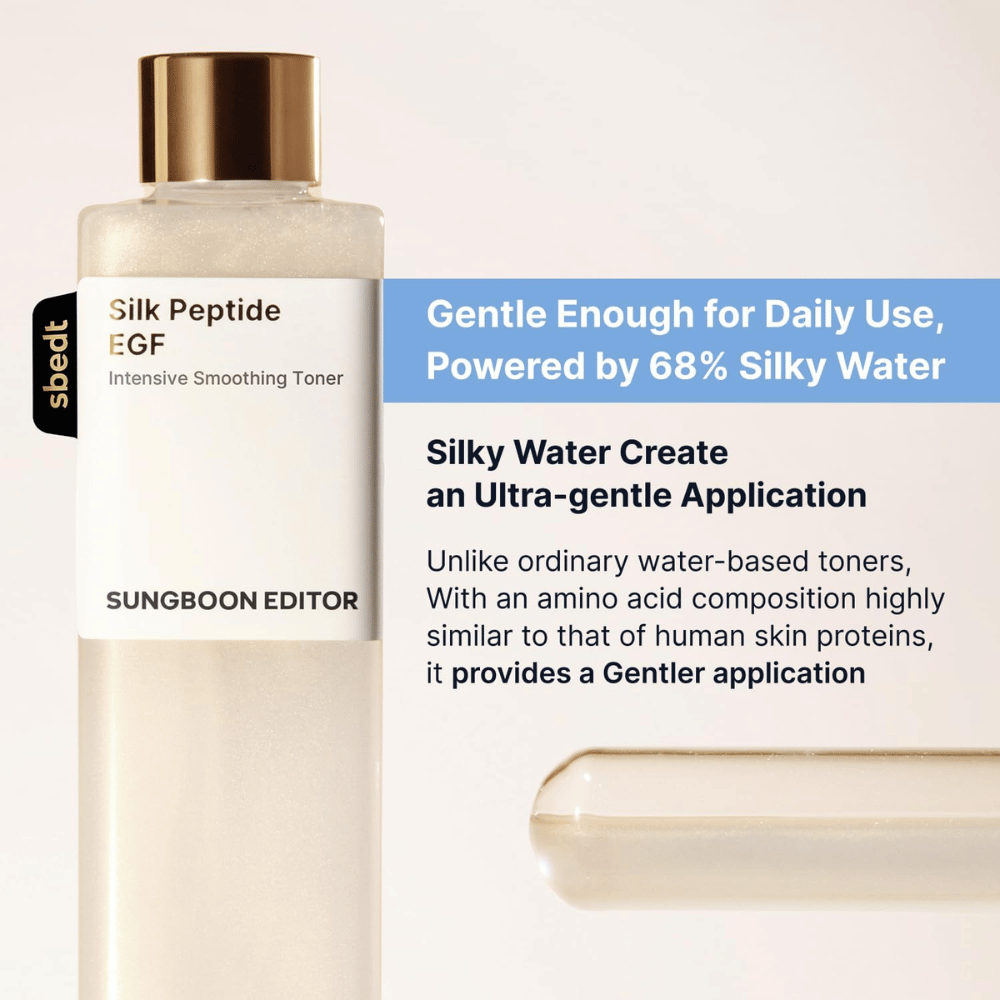 SUNGBOON EDITOR Silk Peptide EGF Intensive Smoothing Toner – mild toner med 68 % silky water for daglig bruk