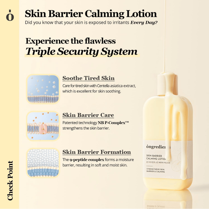 Ongredients Skin Barrier Calming Lotion med Centella Asiatica og peptider som beroliger huden, styrker hudbarrieren og gir langvarig fuktighet.