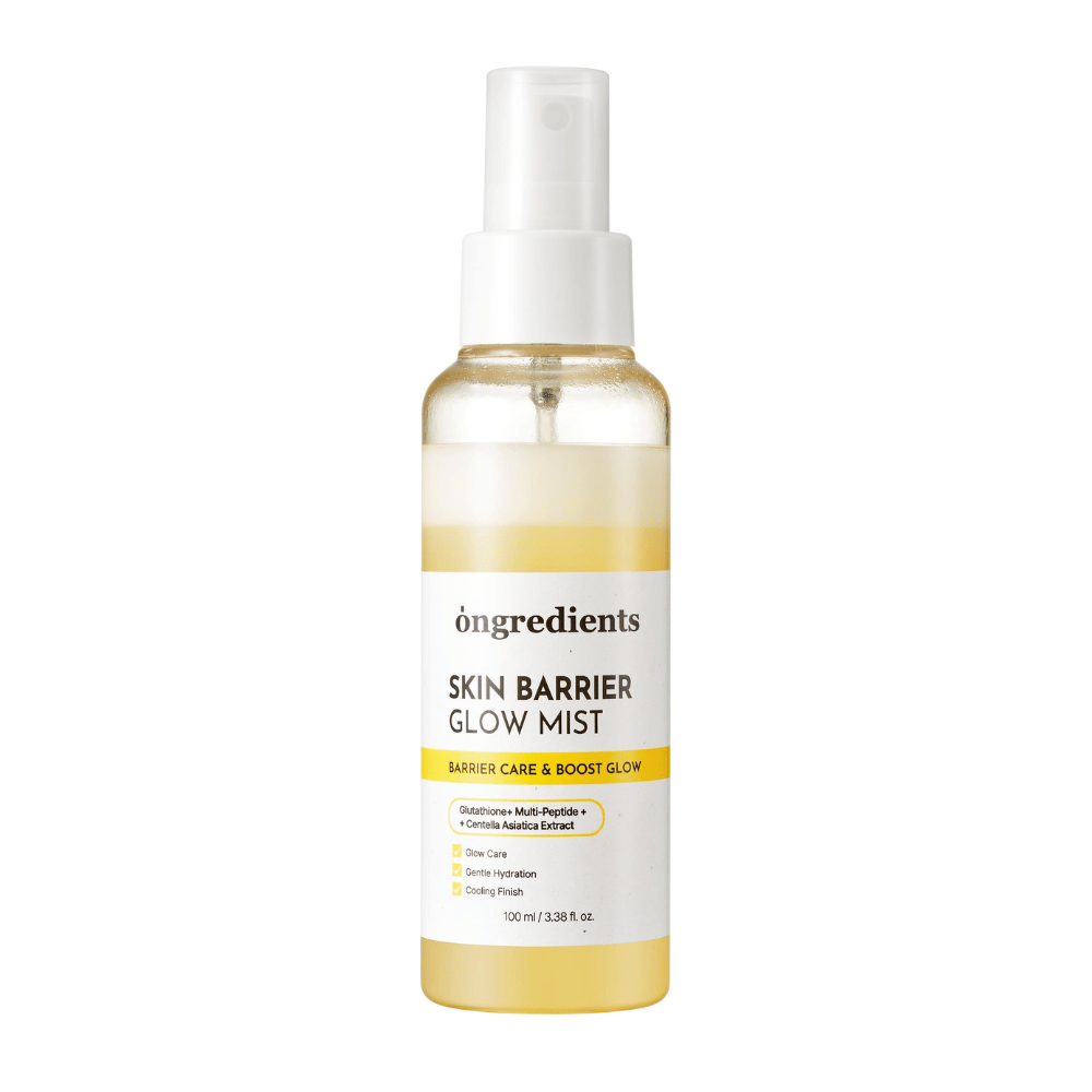 Ongredients Skin Barrier Glow Mist ansiktsspray med dual layer formula som tilfører huden fukt, styrker hudbarrieren og gir naturlig glød.