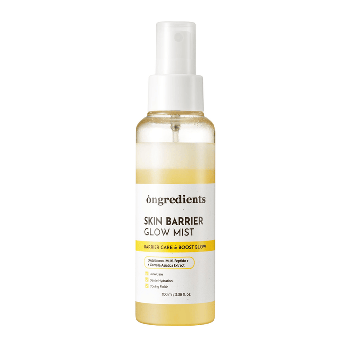 Ongredients Skin Barrier Glow Mist ansiktsspray med dual layer formula som tilfører huden fukt, styrker hudbarrieren og gir naturlig glød.
