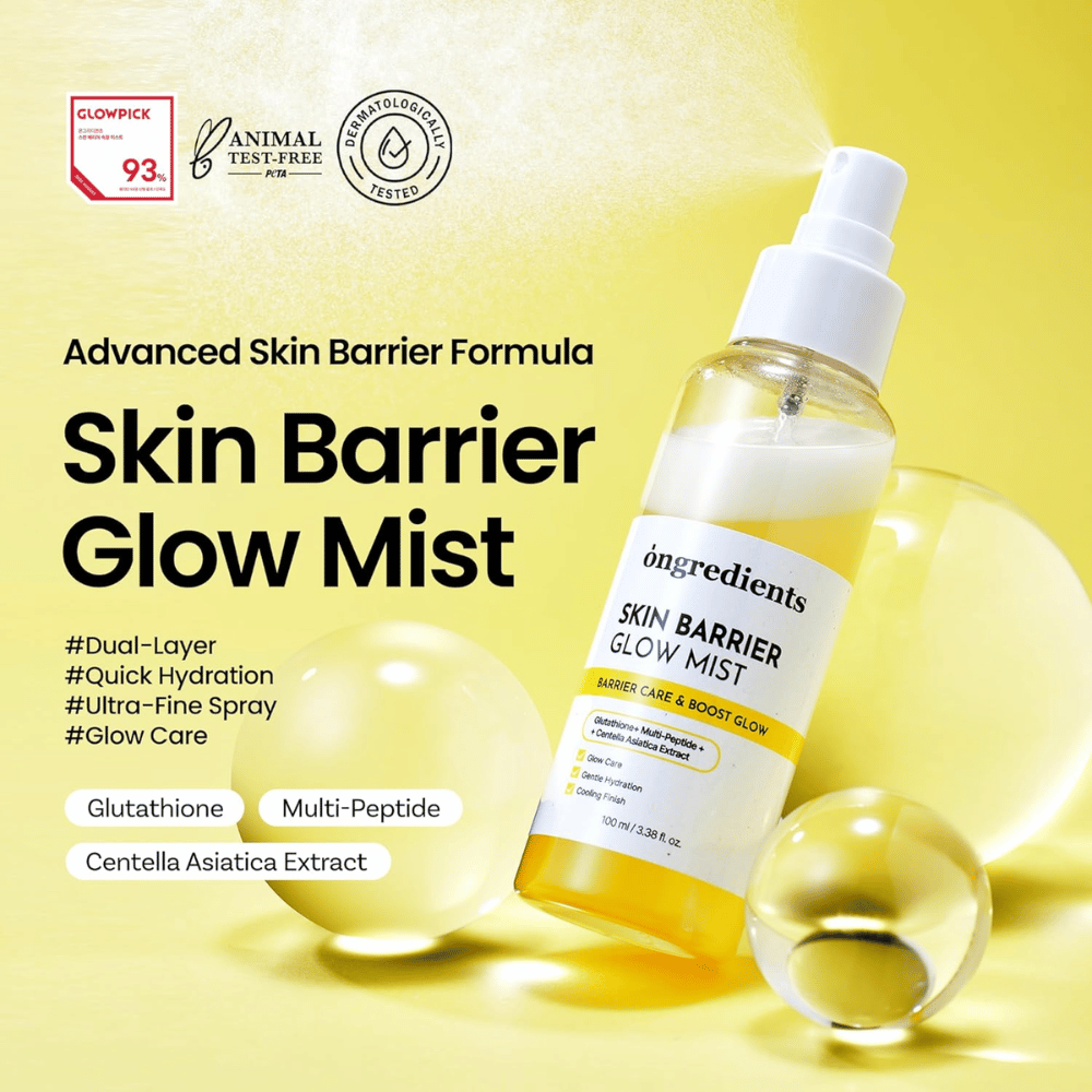 Ongredients Skin Barrier Glow Mist 100 ml ansiktsspray med ceramider, peptider og Centella Asiatica for fuktighet og barrierestyrkende effekt.