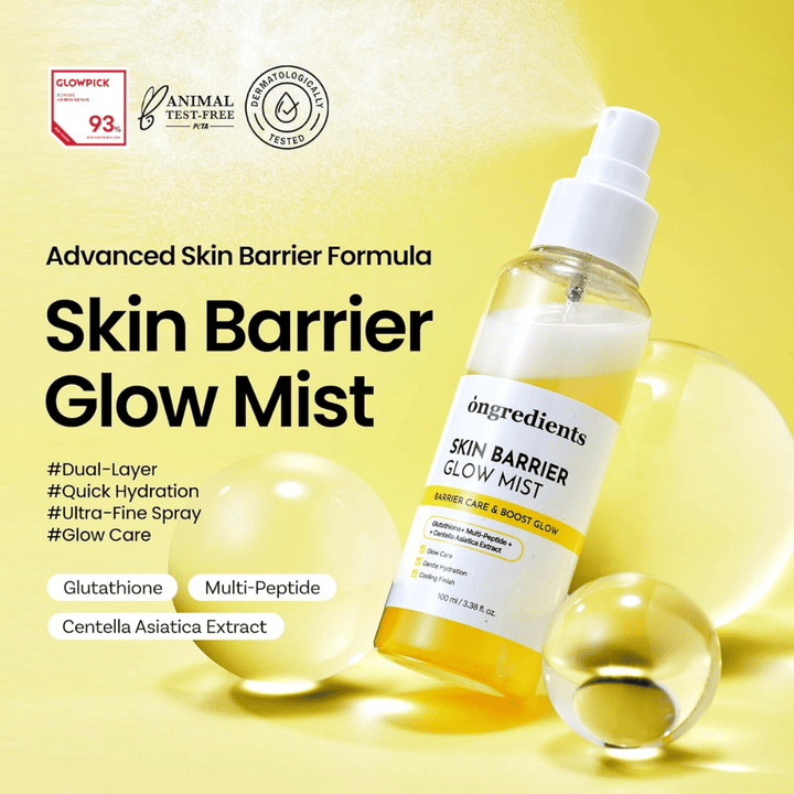 Ongredients Skin Barrier Glow Mist 100 ml ansiktsspray med ceramider, peptider og Centella Asiatica for fuktighet og barrierestyrkende effekt.