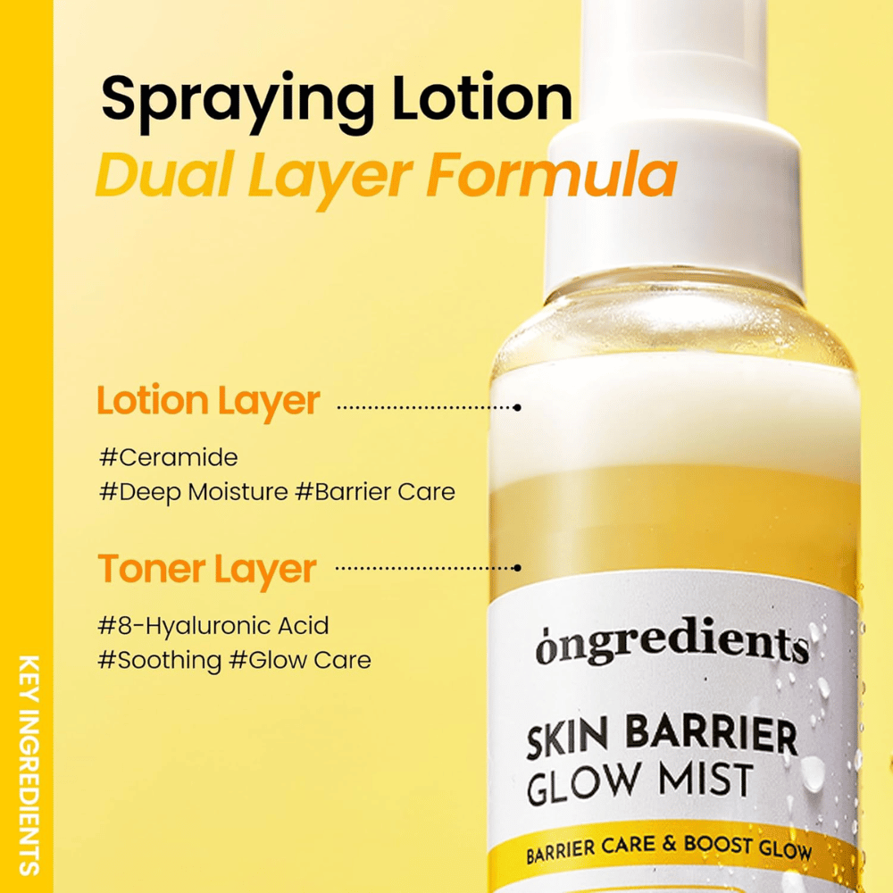 Ongredients Skin Barrier Glow Mist dual layer ansiktsspray med hyaluronsyre og ceramider som gir dyp fuktighet og beskytter hudbarrieren.