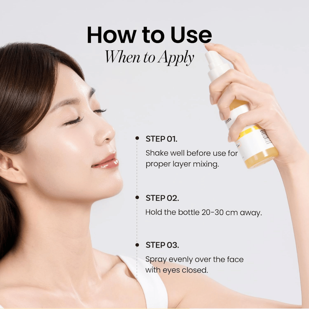 Ongredients Skin Barrier Glow Mist brukes som ansiktsspray 20–30 cm fra huden for rask fuktighet, glød og oppfriskning i løpet av dagen.