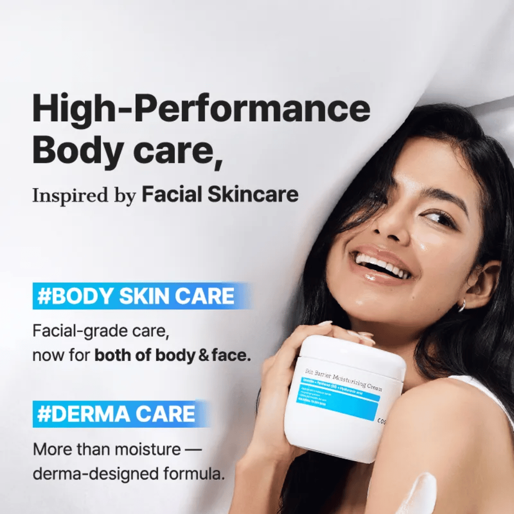 Kvinne med COSRX Skin Barrier Cream – kraftig kroppspleie med ansiktspleiekvalitet og dermaformula.