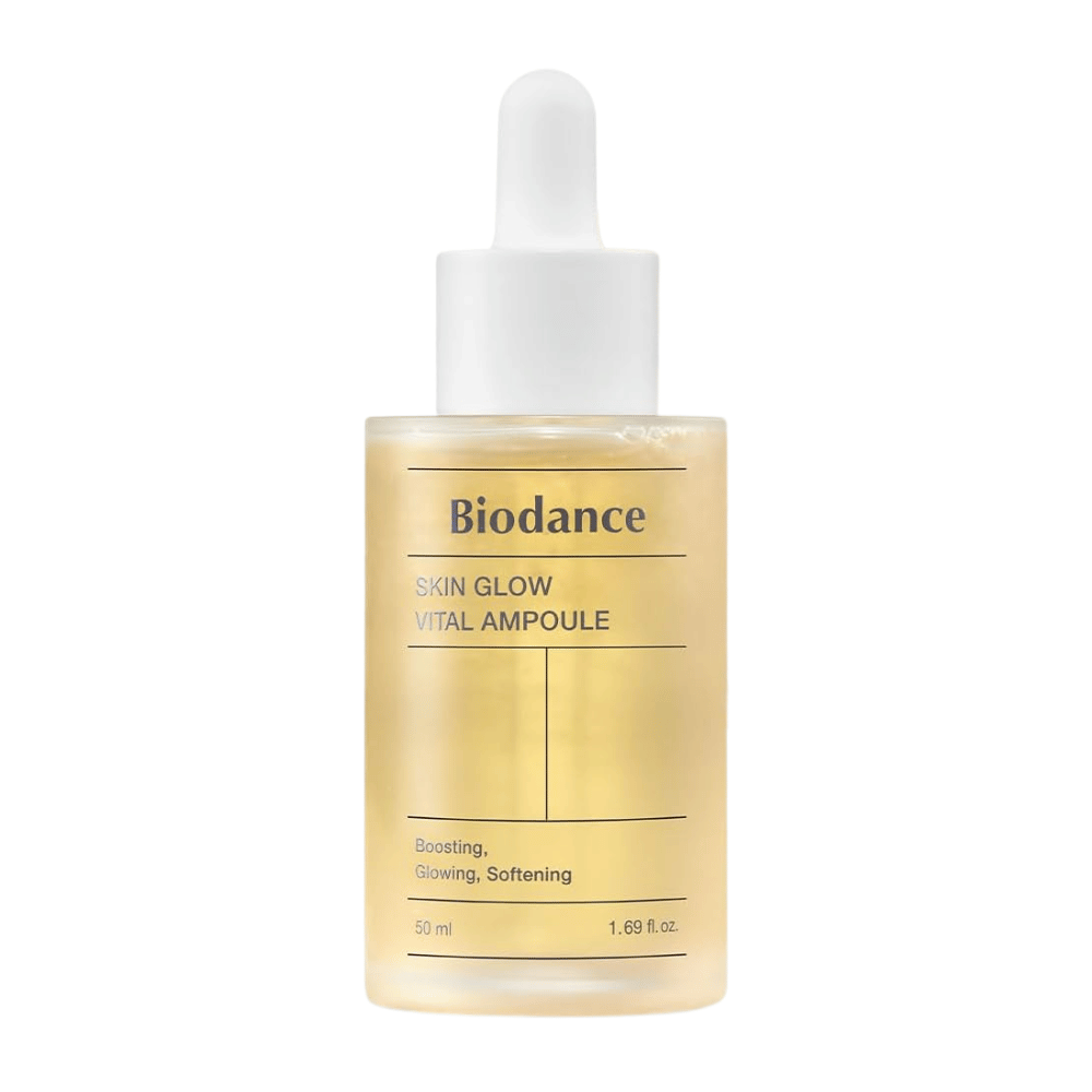 Flaske med Biodance Skin Glow Vital Ampoule, en ansiktsampulle som booster, gir glød og mykgjør huden. Inneholder 50 ml og er designet for å gi huden en strålende og vitalisert følelse.