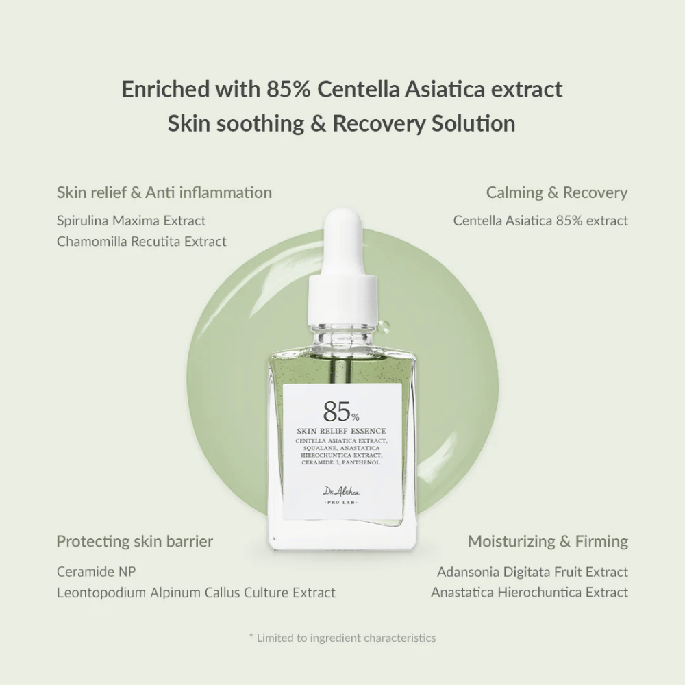 Dr. Althea Skin Relief Essence er beriket med 85 % Centella Asiatica-ekstrakt og tilbyr beroligende og reparerende pleie. Inneholder antiinflammatoriske ingredienser som spirulina og kamille, ceramider for å styrke hudbarrieren samt fuktighetsgivende ekstrakter fra baobab og anastatica. Perfekt for sensitiv, rød og stresset hud.