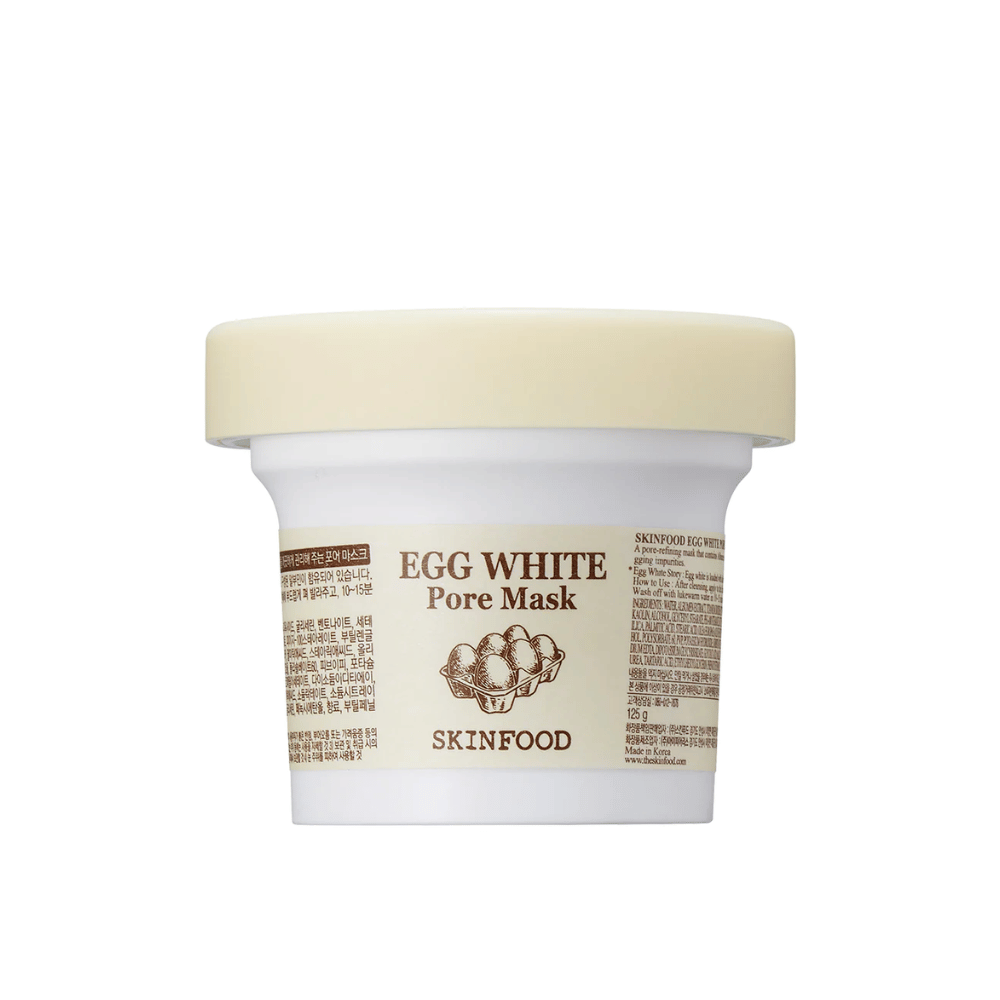 EN SKINFOOD Egg White Pore Mask 120g på hvit bakgrunn, designet for porerens og hudforbedring.