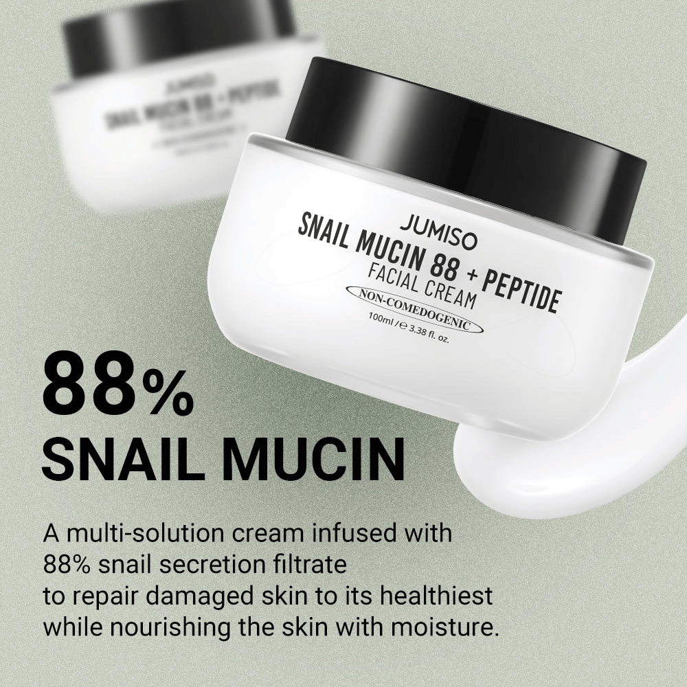 JUMISO Snail Mucin 88 + Peptide Facial Cream med 88 % sneglesekretfiltrat, designet for å reparere skadet hud og gi dyp fuktighet. Tekst på bildet beskriver dens gjenoppbyggende og fuktighetsgivende egenskaper.