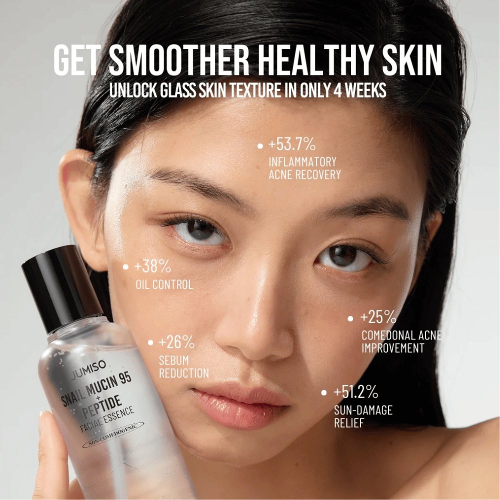 Kvinne med jevn hudtone holder i Jumiso Snail Mucin 95 + Peptide Facial Essence. Teksten viser forbedringer som redusert akne, mindre olje og økt hudgjenoppretting.