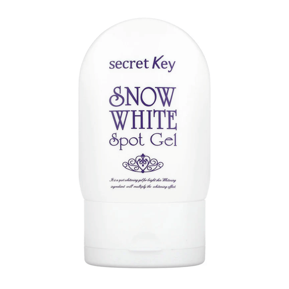 Produktbilde på Secret Key Snow White Spot Gel i hvit emballasje med lilla tekst.