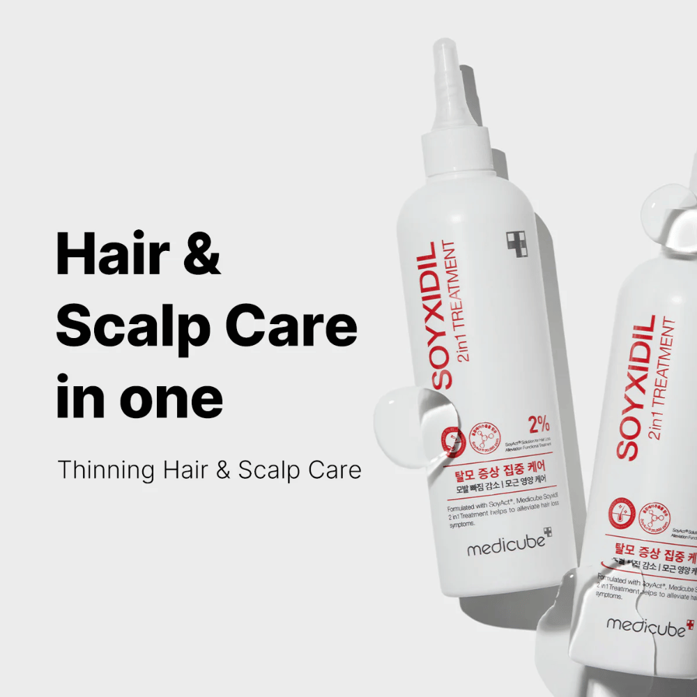 Medicube Soyxidil 2in1 Treatment vises med teksten ”Hair & Scalp Care in one – Thinning Hair & Scalp Care”. For sterkere hår og sunnere hodebunn.