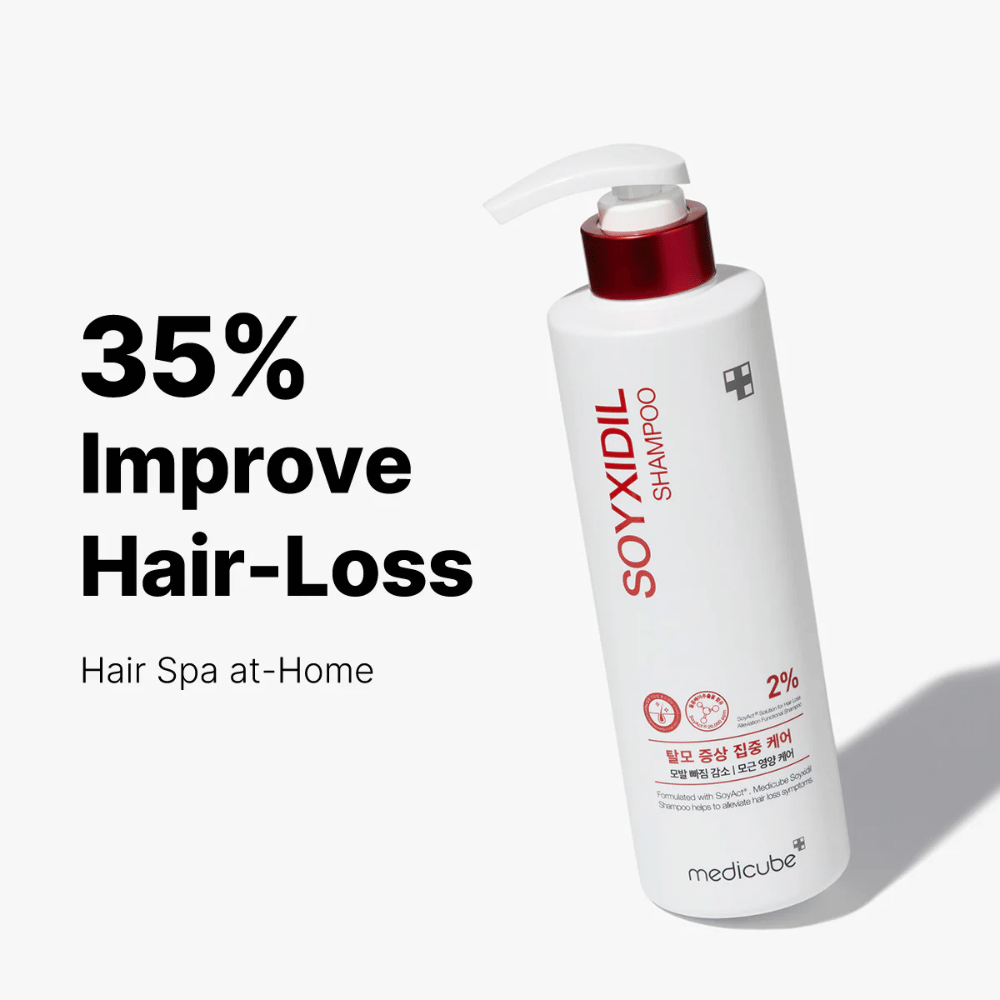 Medicube Soyxidil Shampoo vises med tekst: ”35% Improve Hair-Loss – Hair Spa at-Home”. Sjampo for håravfall og frisk hodebunn.