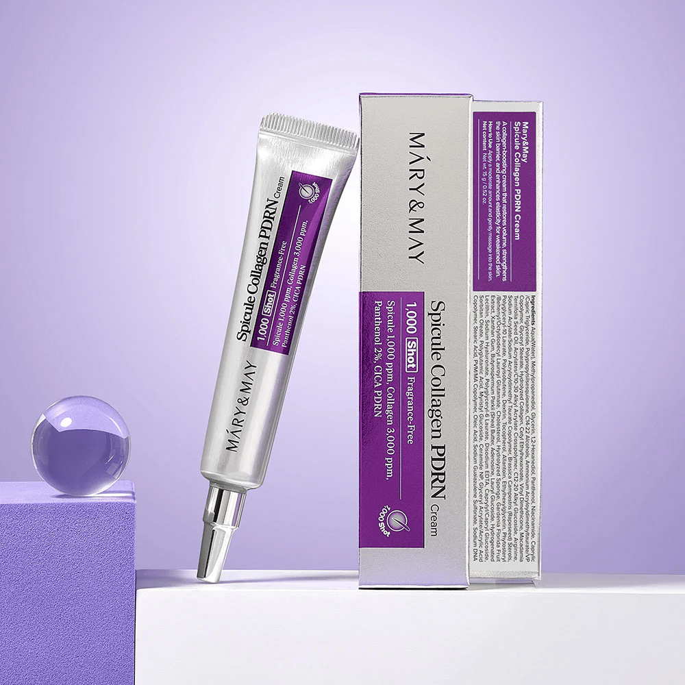 Mary & May Spicule Collagen PDRN Cream ved siden av originalemballasjen, regenererende ansiktskrem med kollagen, PDRN og spikle.