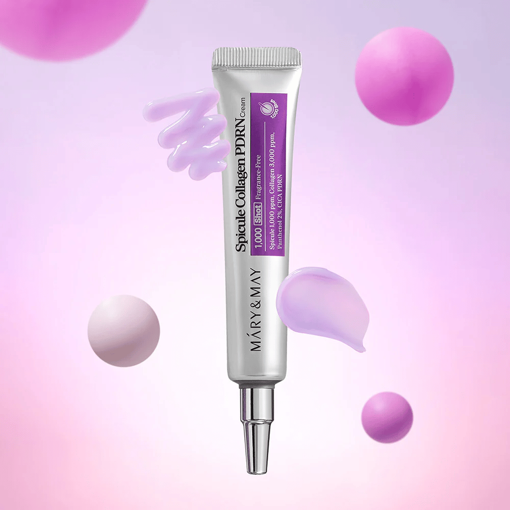 Mary & May Spicule Collagen PDRN Cream med kremtekstur, avansert koreansk hudpleie som stimulerer cellefornyelse og gir fastere hud.