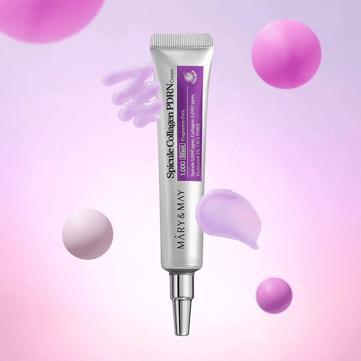 Mary & May Spicule Collagen PDRN Cream med kremtekstur, avansert koreansk hudpleie som stimulerer cellefornyelse og gir fastere hud.
