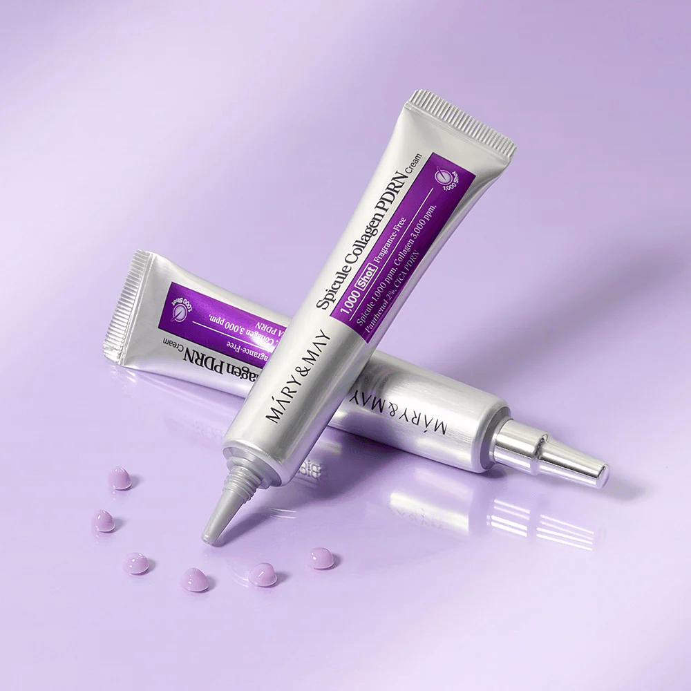 Mary & May Spicule Collagen PDRN Cream i flere tuber på lilla bakgrunn, intensivt gjenoppbyggende ansiktskrem med spikle-teknologi og kollagen.