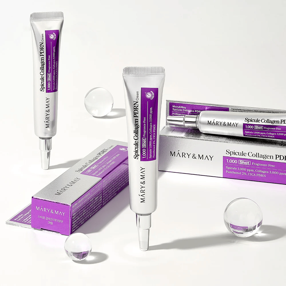 Mary & May Spicule Collagen PDRN Cream i tube med emballasje, koreansk hudpleie med spikle, kollagen og PDRN for hudfornyelse og forbedret elastisitet.