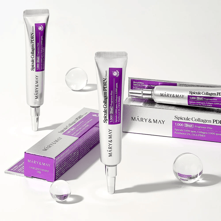 Mary & May Spicule Collagen PDRN Cream i tube med emballasje, koreansk hudpleie med spikle, kollagen og PDRN for hudfornyelse og forbedret elastisitet.