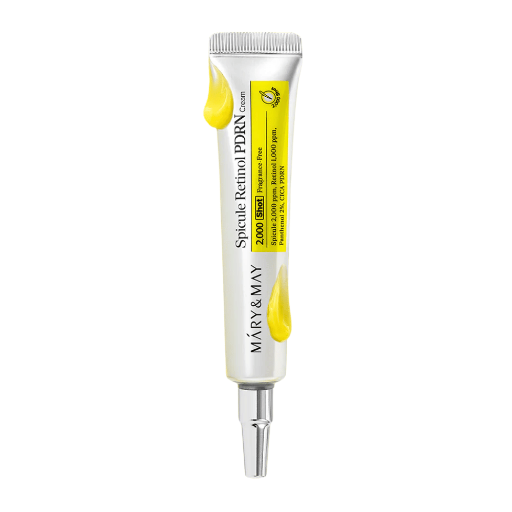 Produktbilde av MARY & MAY Spicule Retinol PDRN Cream i tube på hvit bakgrunn, en aktiv ansiktskrem med retinol og PDRN som passer moden og ujevn hud.
