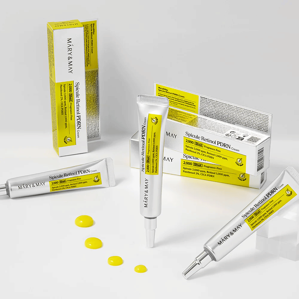 MARY & MAY Spicule Retinol PDRN Cream med flere tuber og synlig kremtekstur, utviklet for å stimulere cellefornyelse, forbedre elastisitet og gi jevnere hudtone.