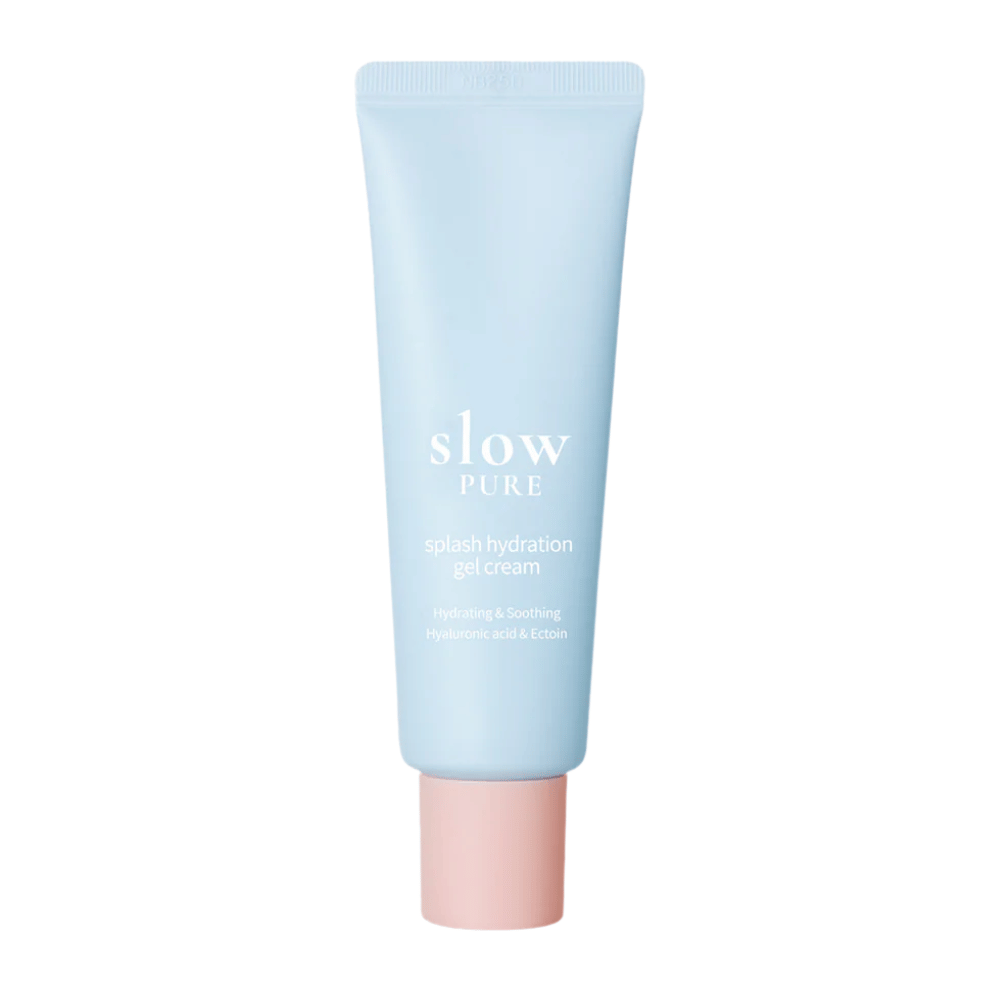 Slow Pure Splash Hydration Gel Cream i blå tube med rosa kork, fuktighetsgivende gelkrem med hyaluronsyre og ectoin.