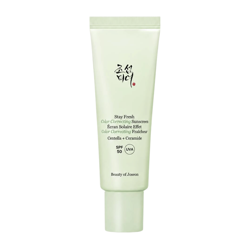 5. Beauty of Joseon Stay Fresh Color Correcting Sunscreen SPF 50 – grønn fargekorrigerende solkrem mot hvit bakgrunn