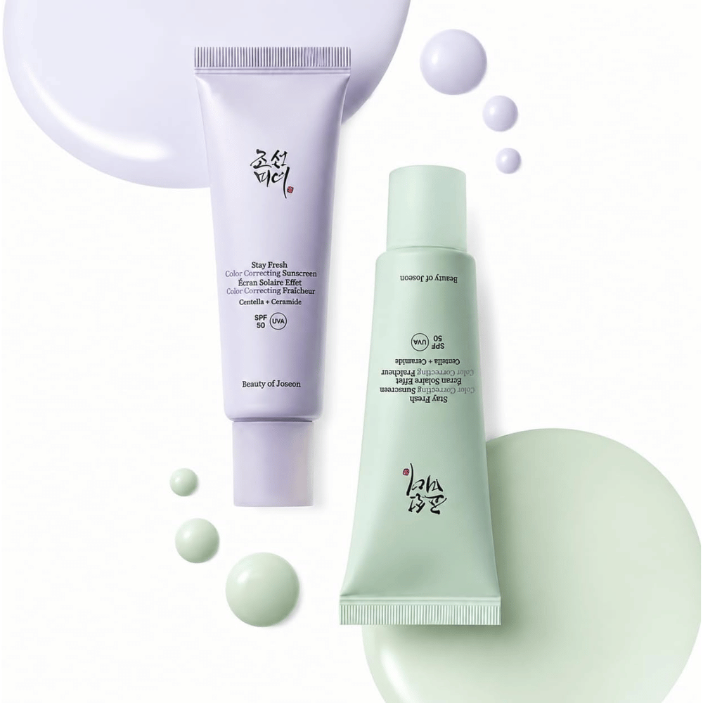 3. Beauty of Joseon Stay Fresh Color Correcting Sunscreen SPF 50 – grønn og lilla solkrem med fargeprøver