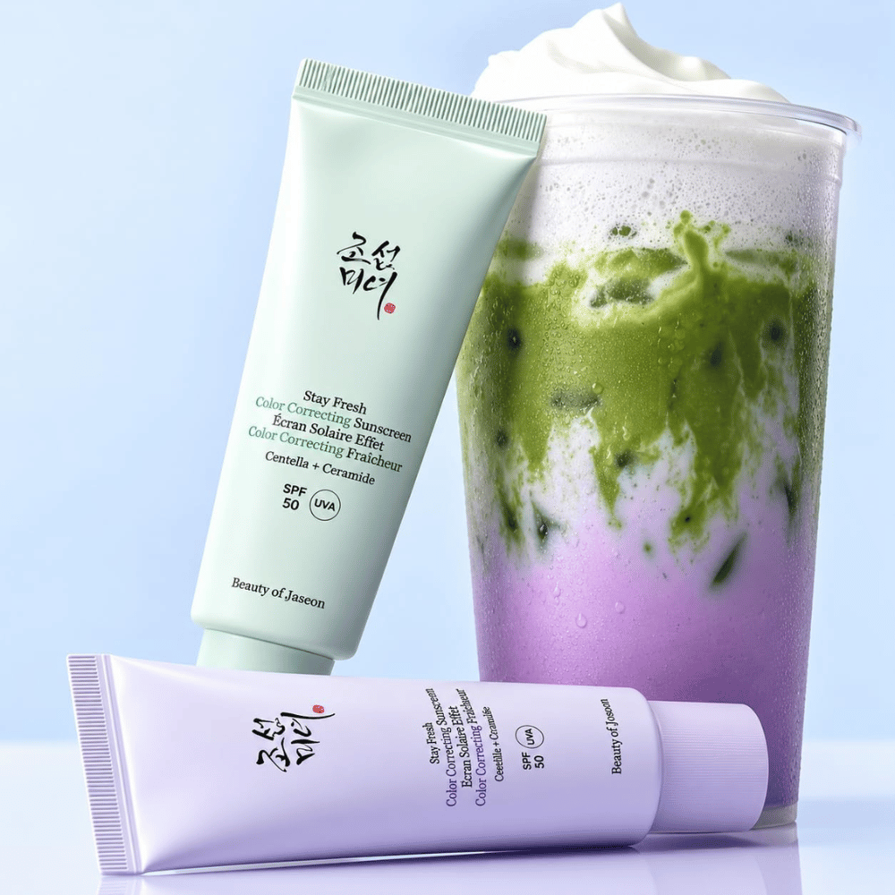 1. Beauty of Joseon Stay Fresh Color Correcting Sunscreen SPF 50 – grønn og lilla solkrem med matchadrikk