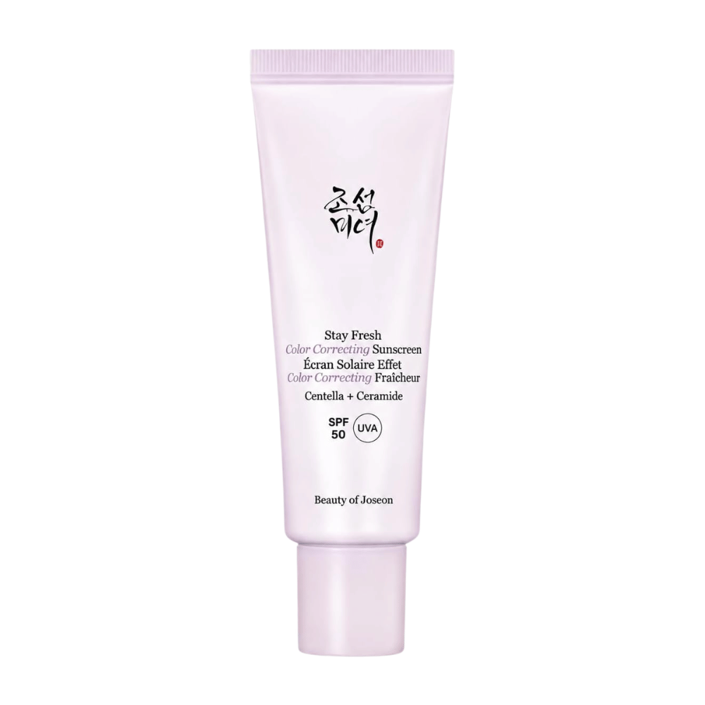 4. Beauty of Joseon Stay Fresh Color Correcting Sunscreen SPF 50 – lilla fargekorrigerende solkrem mot hvit bakgrunn