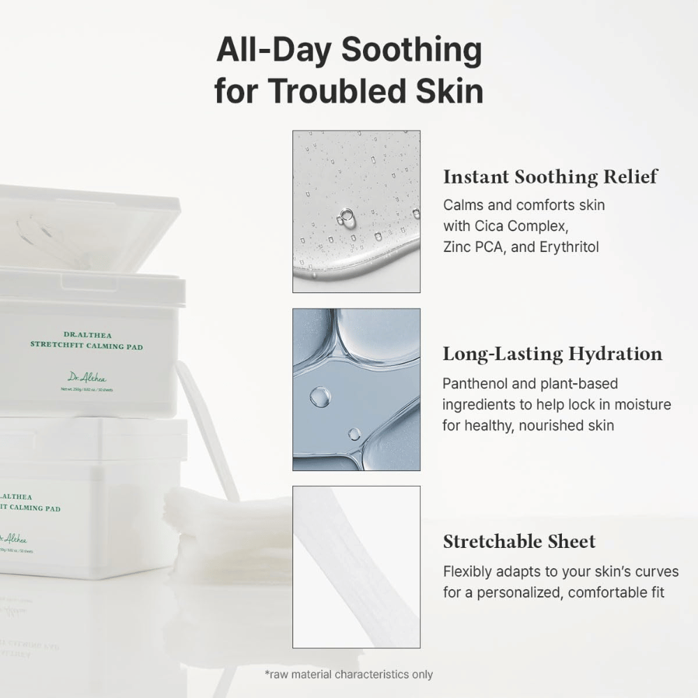 Bilde – effekt / fordeler (konvertering)
Dr. Althea Stretchfit Calming Pad som gir langvarig fuktighet, reduserer irritasjon og kjøler ned sensitiv hud hele dagen.
