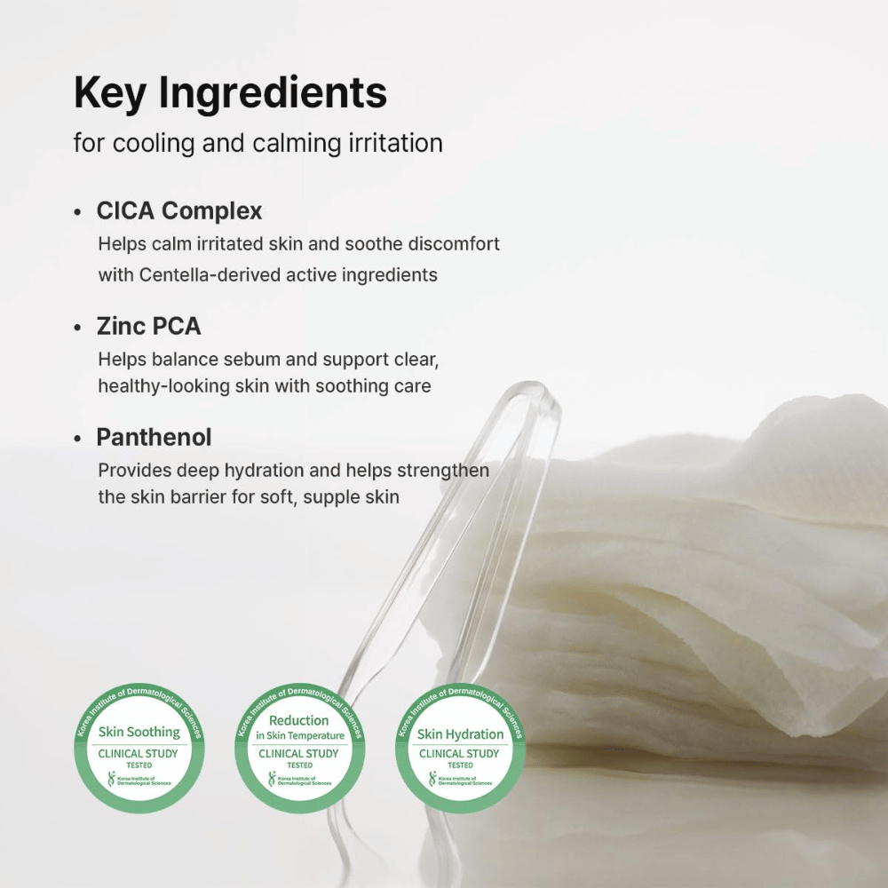 Bilde – ingredienser (EEAT + SEO)
Dr. Althea Stretchfit Calming Pad med CICA Complex, Zinc PCA og Panthenol som beroliger huden, balanserer talg og styrker hudbarrieren.