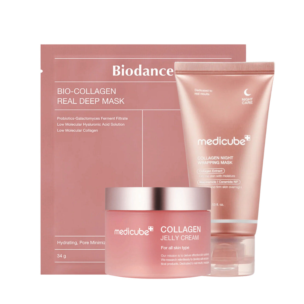 Produktsettet "Sweet Dreams Skincare" fra Medicube, designet for å forbedre hudens fasthet og glød om natten. Det inkluderer "Collagen Jelly Cream", "Collagen Night Wrapping Mask" og "Bio-Collagen Real Deep Mask". Disse produktene er beriket med kollagen, probiotika og hyaluronsyre, og er ment å fukte og minimere porer, noe som gir en myk og smidig hud.