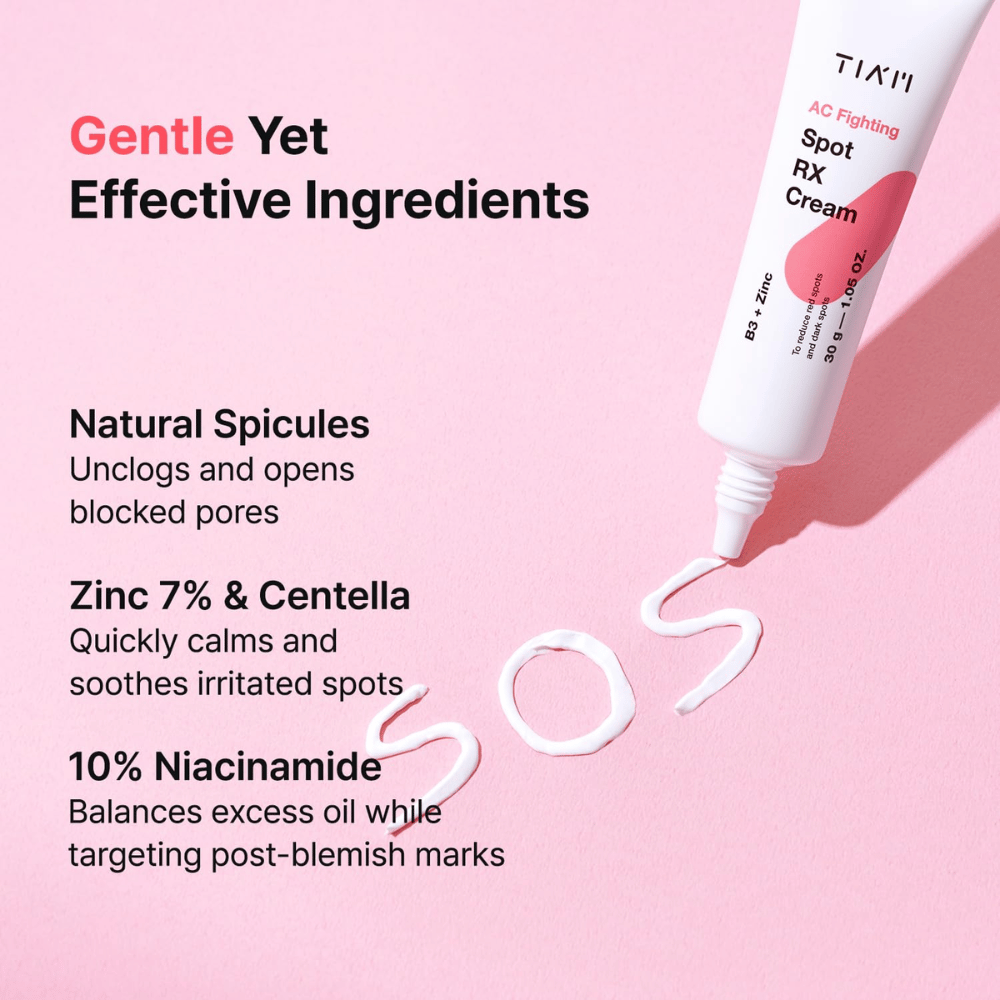 TIA'M AC Fighting Spot RX Cream med sink, niacinamid og centella – beroliger, balanserer talg og reduserer røde flekker.