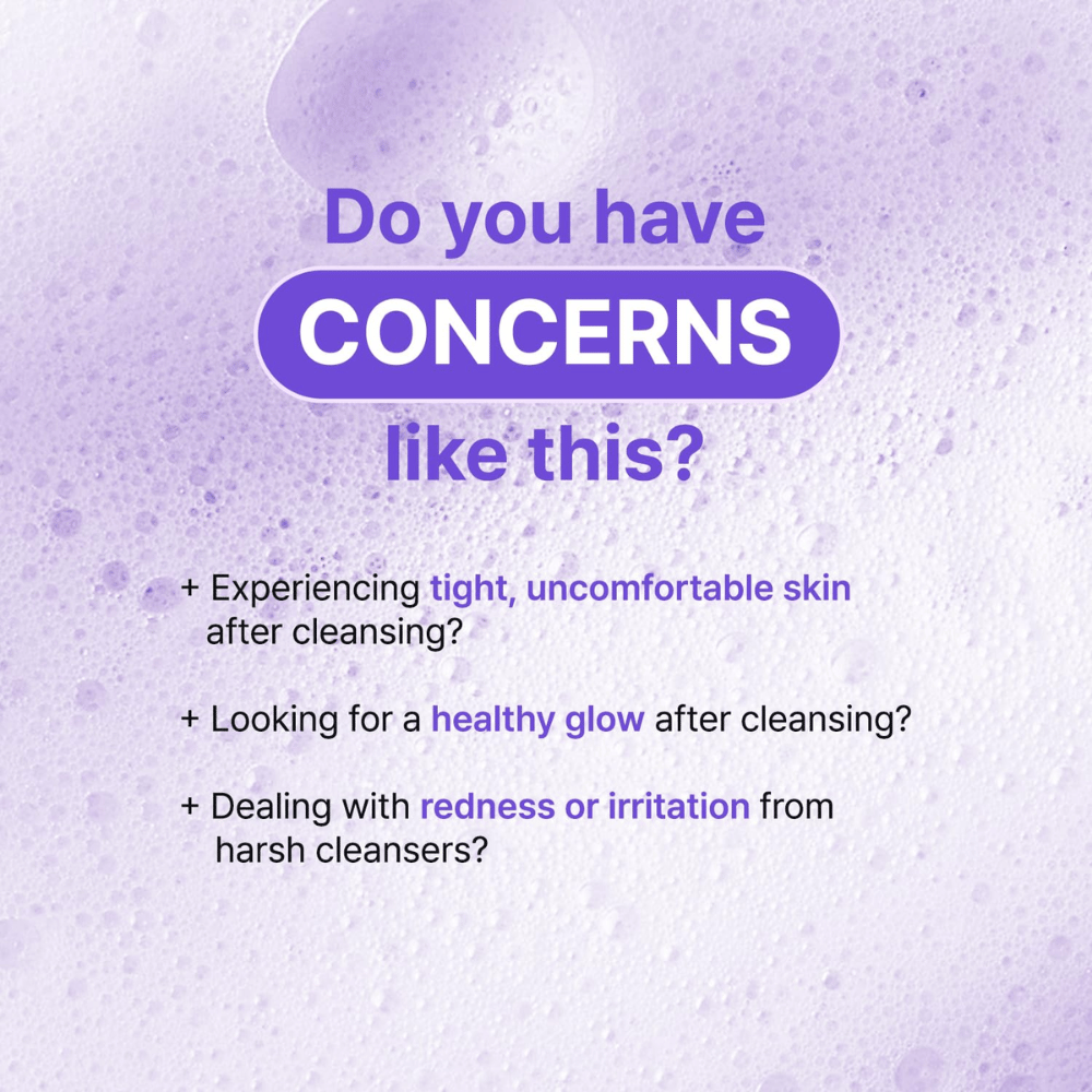 Illustrasjon med spørsmål om hudproblemer som tørrhet, irritasjon og stramhet etter rensing, med fokus på TIA'M Snail & Azulene Low pH Cleansers beroligende effekt.