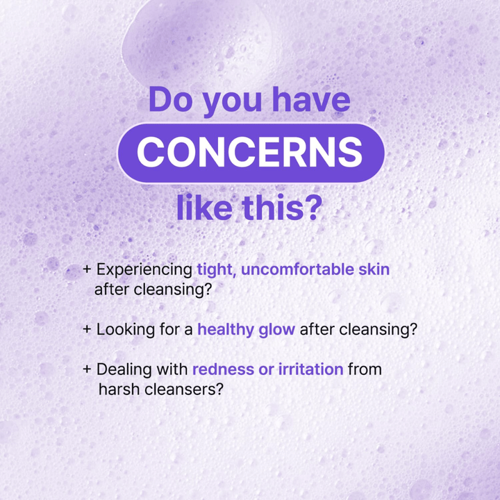 Illustration med frågor om hudproblem som torrhet, irritation och stramhet efter rengöring, med fokus på TIA'M Snail & Azulene Low pH Cleansers lugnande effekt.