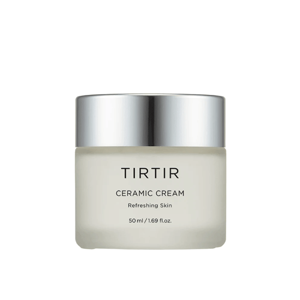 En boks av TIRTIR Ceramic Cream beregnet for "Refreshing Skin", med et volum på 50 ml / 1.69 fl oz. Boksen har en gradert farge fra hvit til gjennomsiktig og et lokk i sølvfarge.