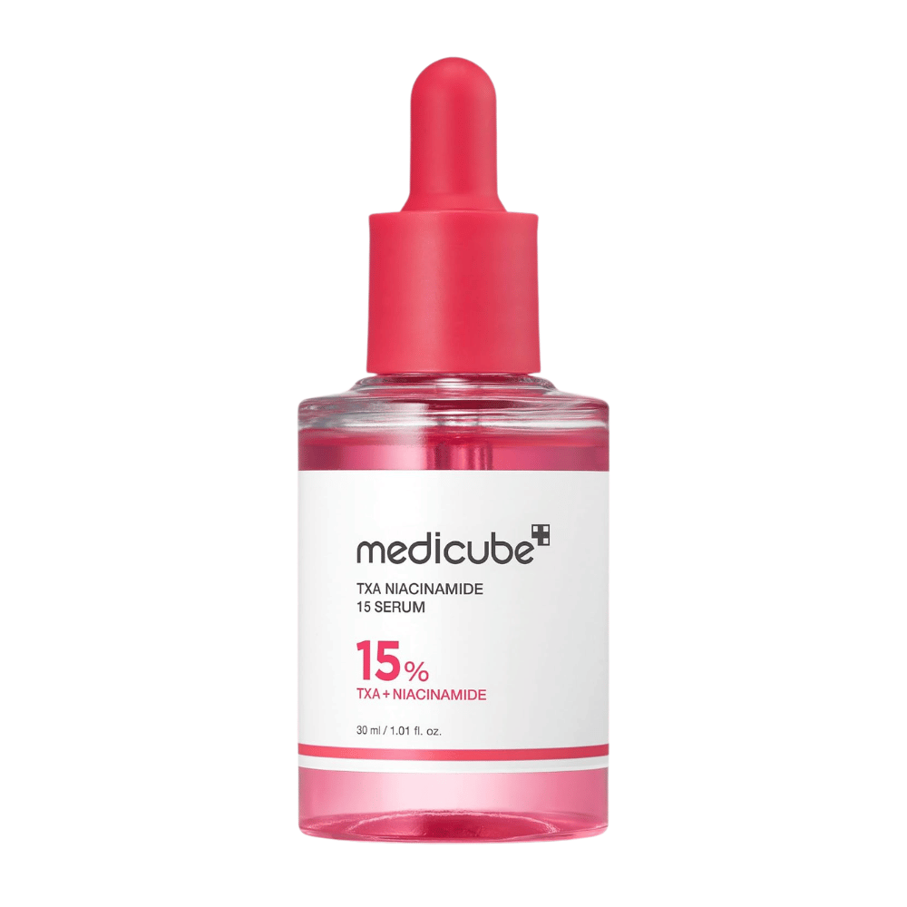 4. Medicube TXA Niacinamide 15 Serum 30 ml – rosa serumflaske med pipette mot hvit bakgrunn