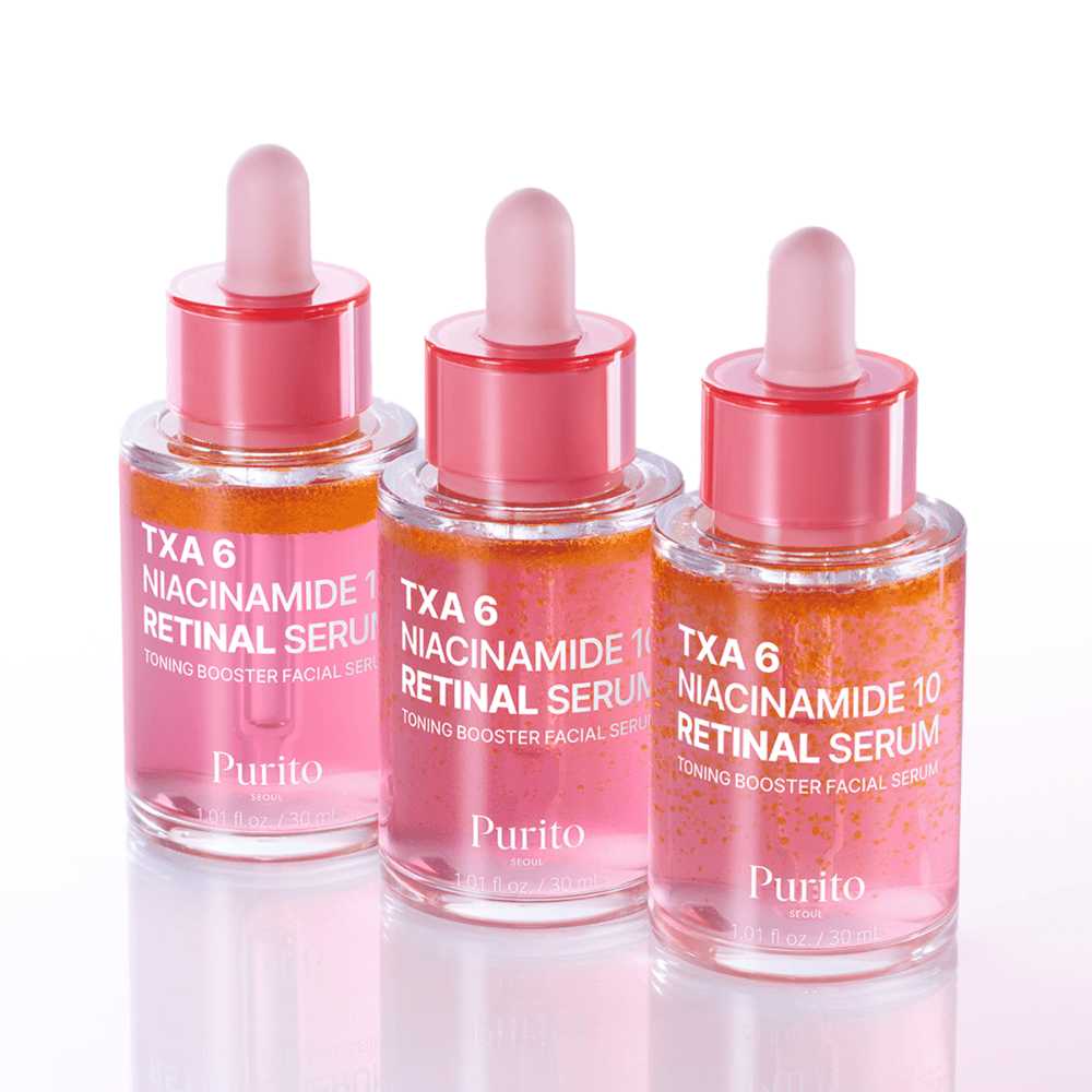 Tre flasker av Purito TXA 6 Niacinamide 10 Retinal Serum. Et glødgivende og jevnende ansiktsserum med anti-aldringseffekt.