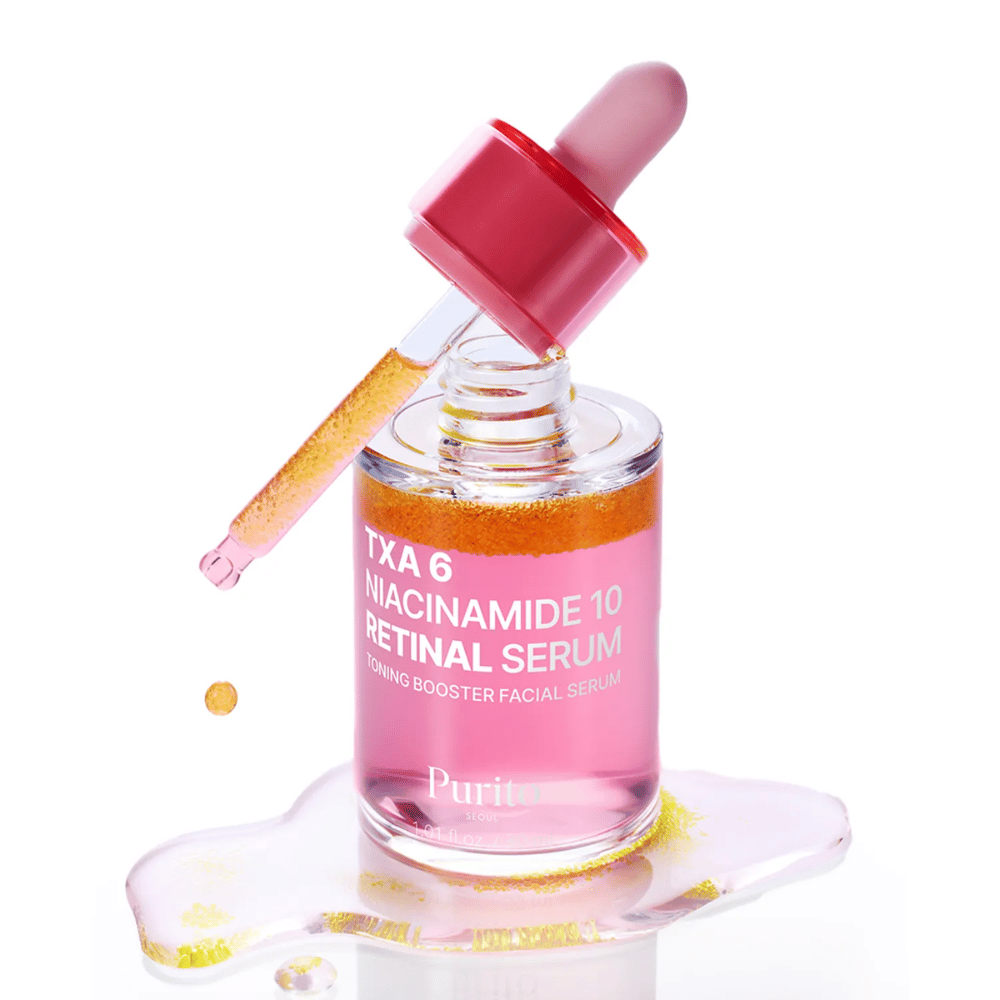 Purito TXA 6 Niacinamide 10 Retinal Serum – rosa toning booster serum med pipette. Kombinerer TXA, niacinamid og retinal for jevn hudtone.