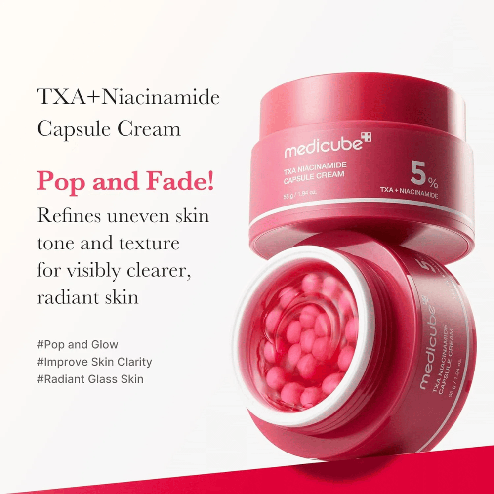 Medicube TXA Niacinamide Capsule Cream med tekst om hudtonutjevning og glød, viser åpen boks med rosa kapsler og produktets emballasje ved siden av.