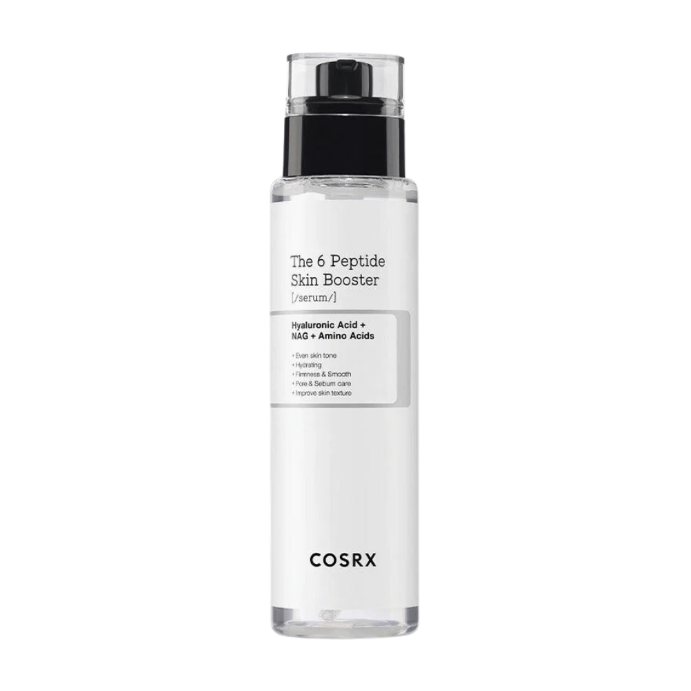 Flaske med hudpleieserum "The 6 Peptide Skin Booster" med hyaluronsyre og aminosyrer fra COSRX.