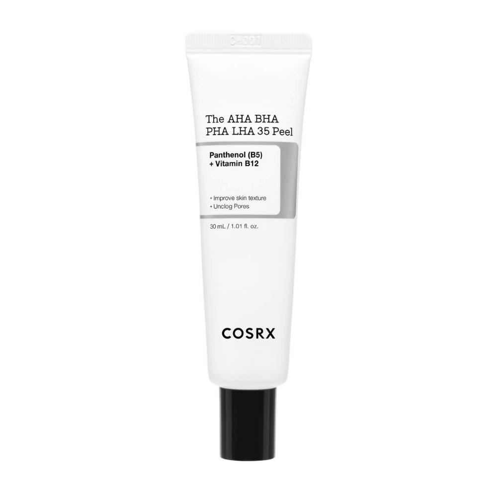 COSRX AHA BHA PHA LHA 35 Peel, et eksfolierende produkt med panthenol (B5) og vitamin B12. Forbedrer hudens tekstur og renser tette porer. Innhold: 30 ml.