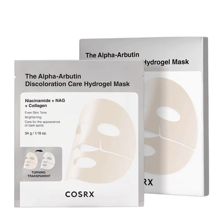 COSRX Alpha-Arbutin Discoloration Care Hydrogel Mask produktbilde – hydrogel Sheet mask som fokuserer på pigmentflekker, glød og forbedret hudklarhet.