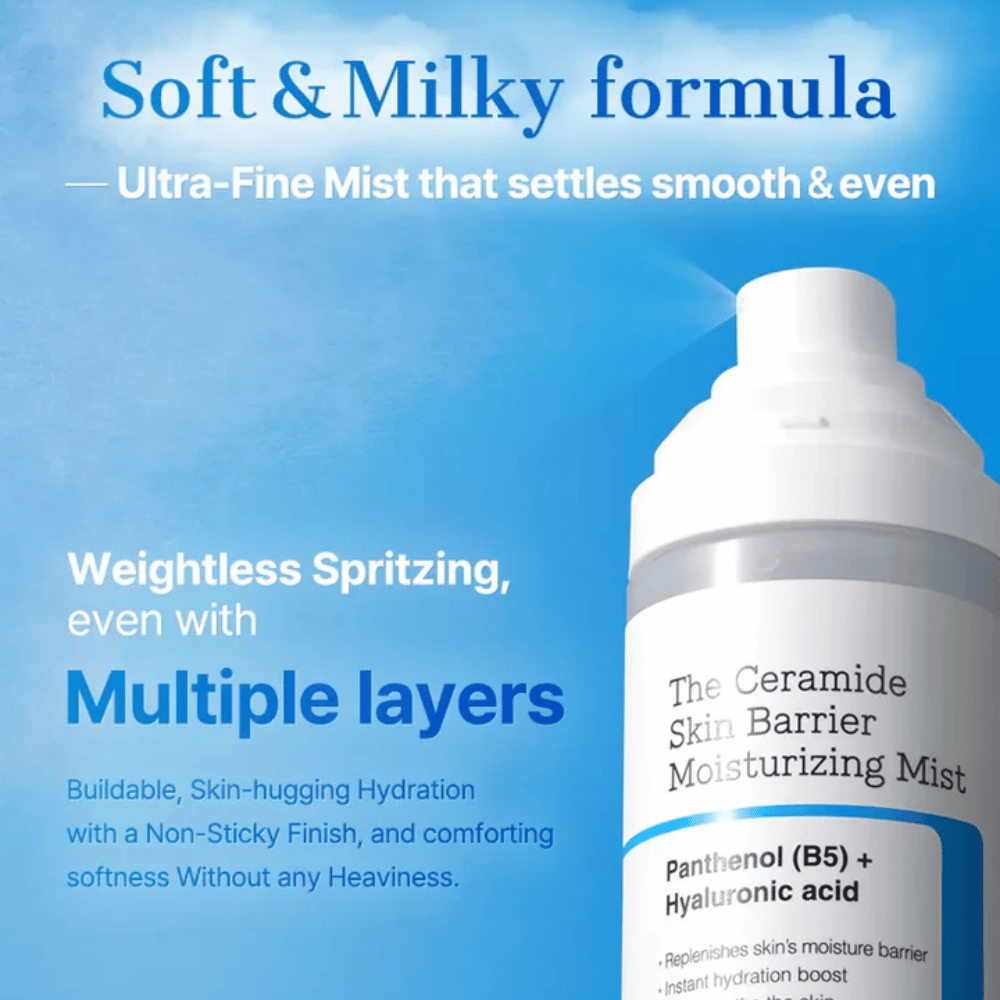 COSRX Ceramide Skin Barrier Mist – myk og melkeaktig formel som gir lett fuktighet uten klebrighet.